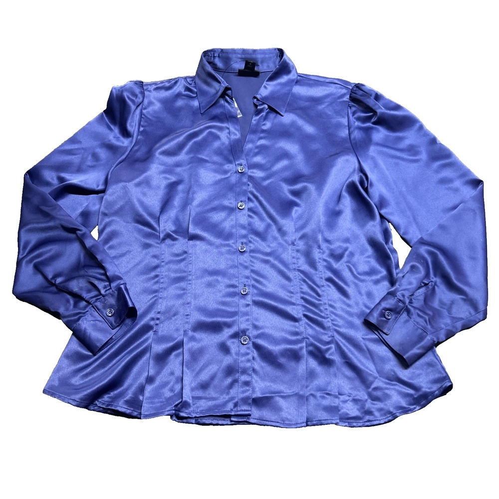 East 5th Blue Satin Button-Up Collared Long Sleeve Women's Blouse Size L